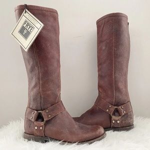 $438 FRYE Phillip Harness Tall Moto Brown Leather Riding Combat Cowboy Boots 5.5